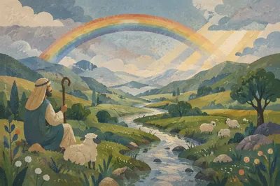Rainbow Over Green Valley After Rain