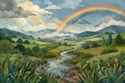 Rainbow Over Green Valley After Rain