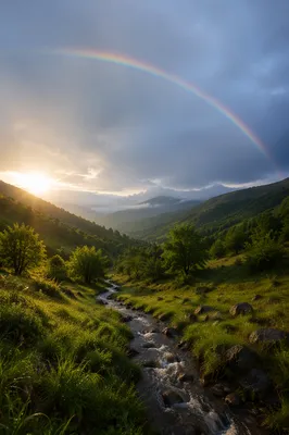 Hopeful Rainbow Over Misty Green Valley