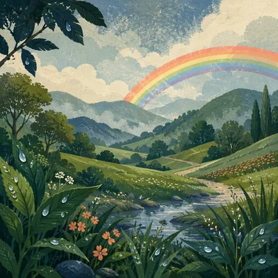 Rainbow Over Rain Washed Green Valley