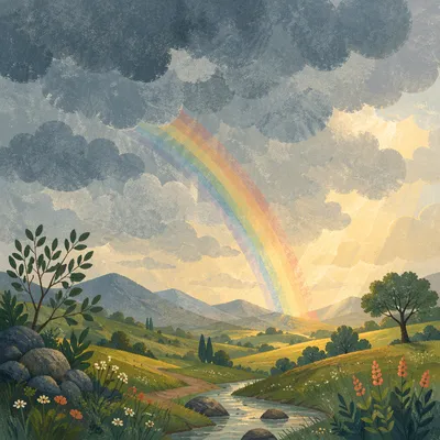 Rainbow Over Green Valley After Rain