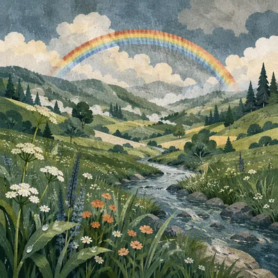 Rainbow Over Green Valley After Rain