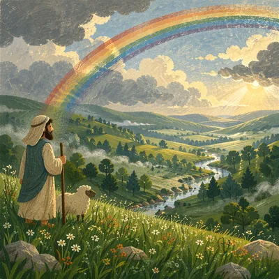 Rainbow Over Green Valley After Rain