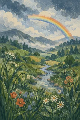 Rainbow Over Green Valley After Rain
