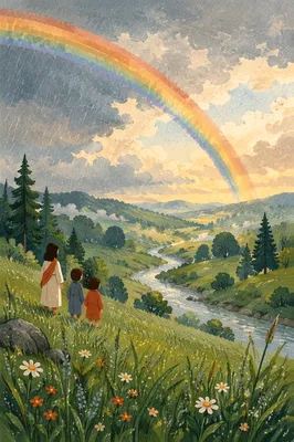 Rainbow Over Green Valley After Rain