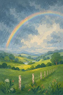 Rainbow Over Green Valley After Rain