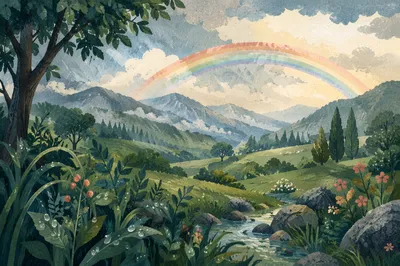 Rainbow Over Rain Washed Green Valley