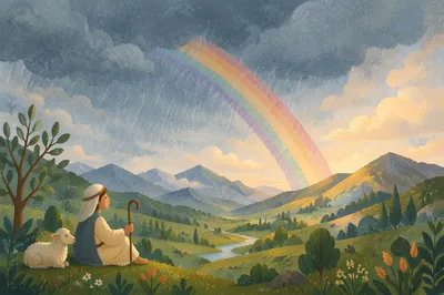 Rainbow Over Green Valley After Rain