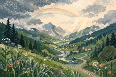 Rainbow Over Lush Valley After Summer Rain
