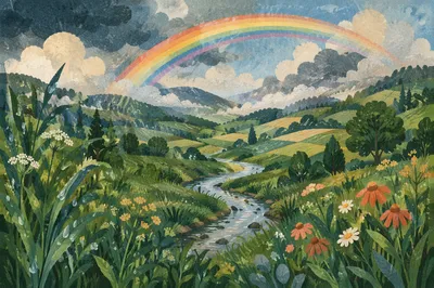 Rainbow Over Green Valley After Rain