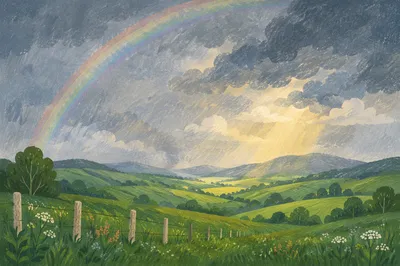 Rainbow Over Green Valley After Rain