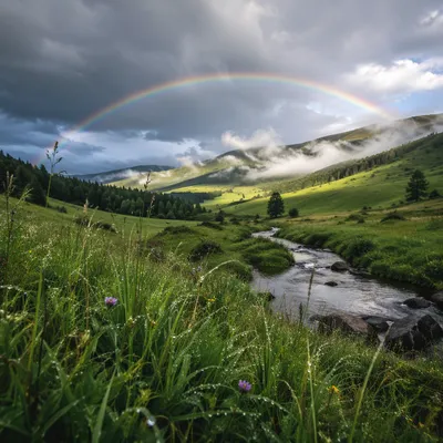 Rainbow Over Green Valley After Rain