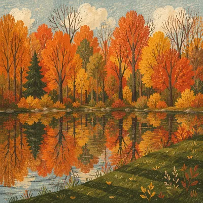 Autumn Trees Reflected in Quiet Woodland Pond