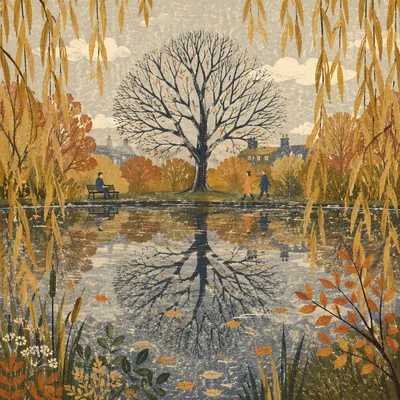 Autumn Tree Reflection in Quiet Garden Pond
