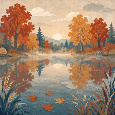 Autumn Trees Reflected in Quiet Pond