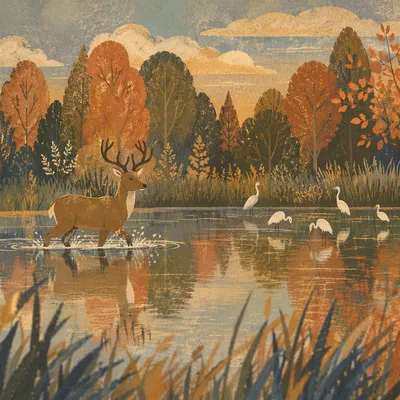 Autumn Pond Reflection with Deer at Sunset