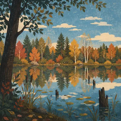 Autumn Trees Reflected in Quiet Woodland Pond