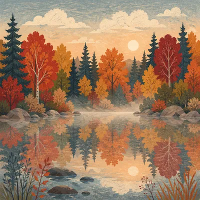 Autumn Trees Reflected in Still Woodland Pond