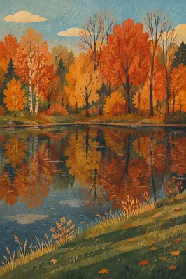 Autumn Trees Reflected in Quiet Woodland Pond