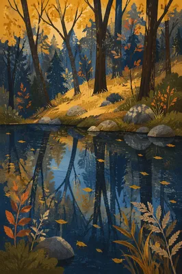 Autumn Trees Reflected in Quiet Woodland Pond