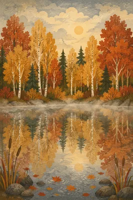 Still Autumn Pond with Tree Reflections