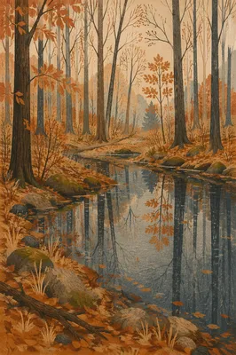 Still Autumn Pond with Forest Reflections