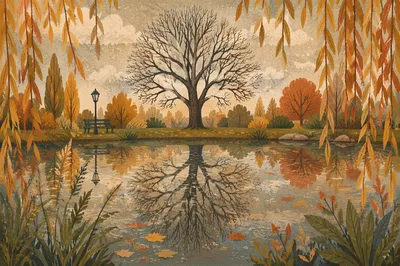 Autumn Tree Reflection in Quiet Garden Pond