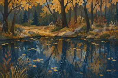 Autumn Trees Reflected in Quiet Woodland Pond