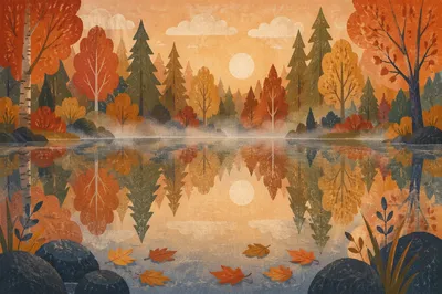 Autumn Trees Reflected in Quiet Pond