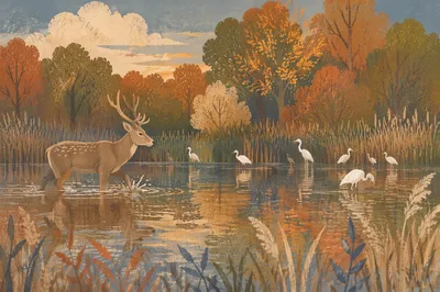Autumn Deer Reflected in Still Pond