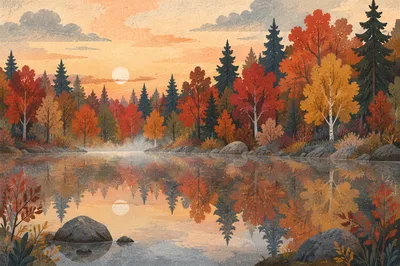 Autumn Trees Reflected in Quiet Woodland Pond