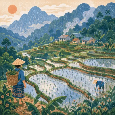 Morning Rice Terraces on Asian Mountainside