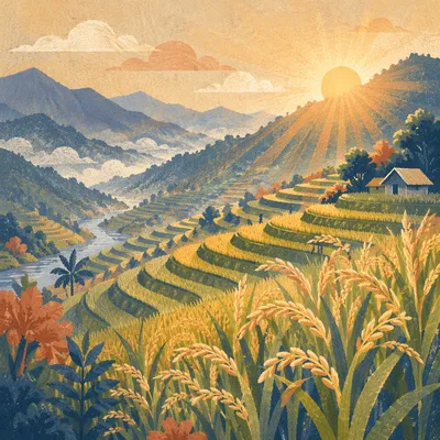 Sunrise Over Green Asian Rice Terraces