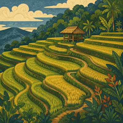 Sunlit Asian Rice Terraces on Mountainside