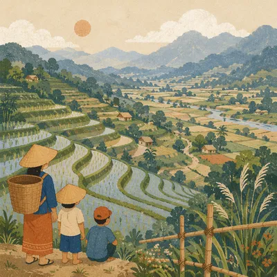 Green Rice Terraces in Misty Mountain Valley