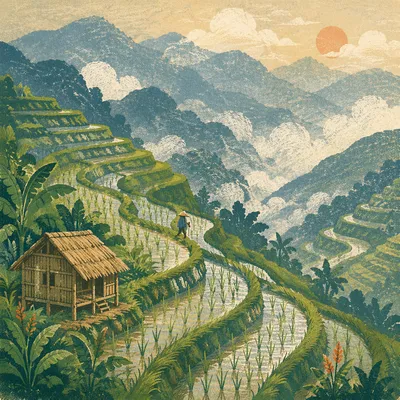 Misty Green Rice Terraces at Sunrise