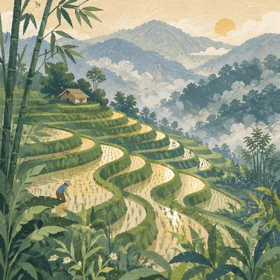 Emerald Rice Terraces on Misty Mountainside
