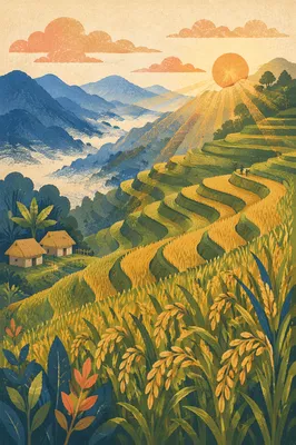 Sunrise Over Green Asian Rice Terraces