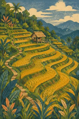 Sunlit Asian Rice Terraces on Mountainside