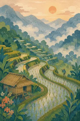 Misty Emerald Rice Terraces at Sunrise