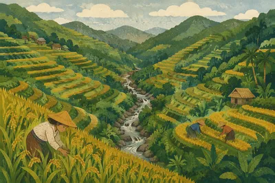 Serene Green Rice Terraces on Asian Mountainside
