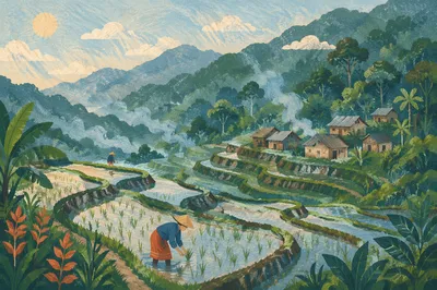 Emerald Rice Terraces on Asian Mountainside