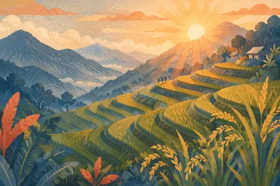 Sunrise Over Lush Asian Rice Terraces