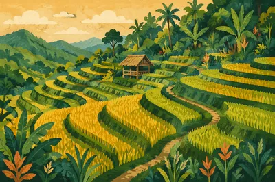 Lush Asian Rice Terraces on Mountainside