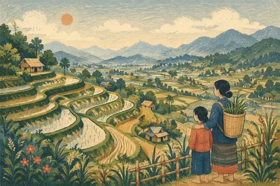 Green Rice Terraces on Misty Mountainside