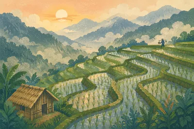 Misty Emerald Rice Terraces at Sunrise