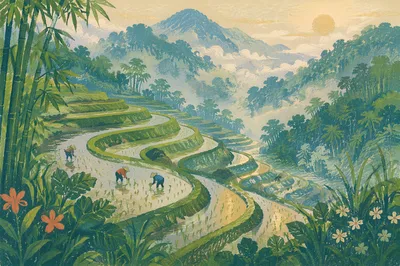Misty Emerald Rice Terraces at Sunrise