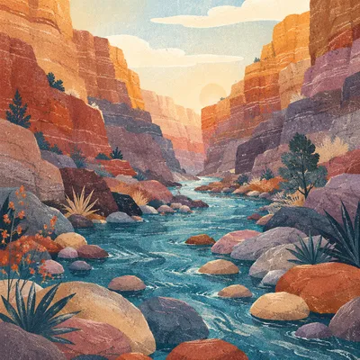 Sunrise River Through Layered Canyon Rocks