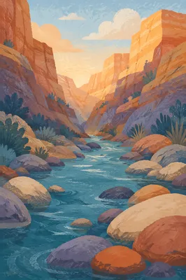 Sunrise River Through Canyon Rocks