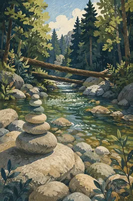 Meditative River Through Rocky Forest Canyon